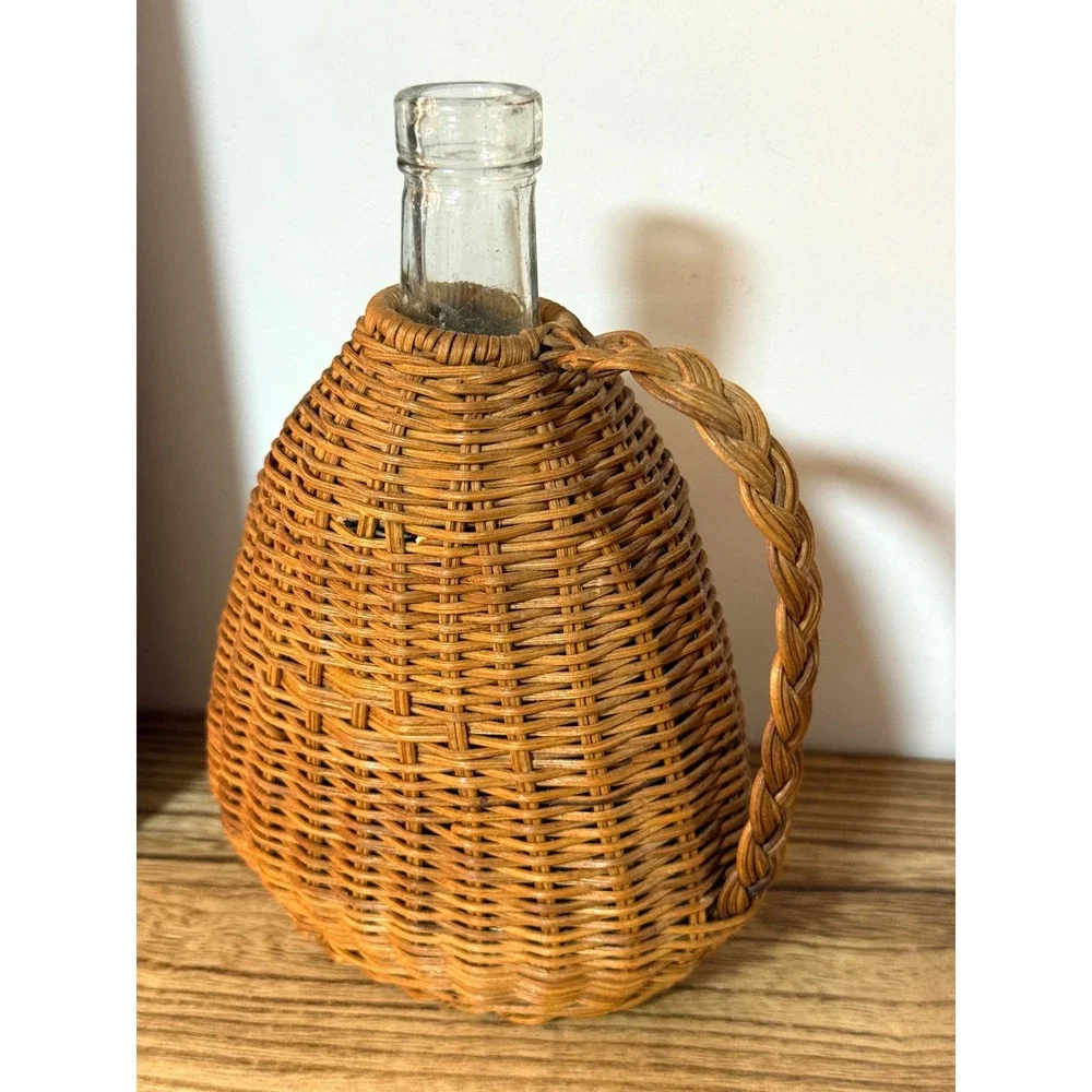 Vintage Wicker Wrapped Glass Demijohn Bottle Jug Vase Decanter Rustic Boho Decor